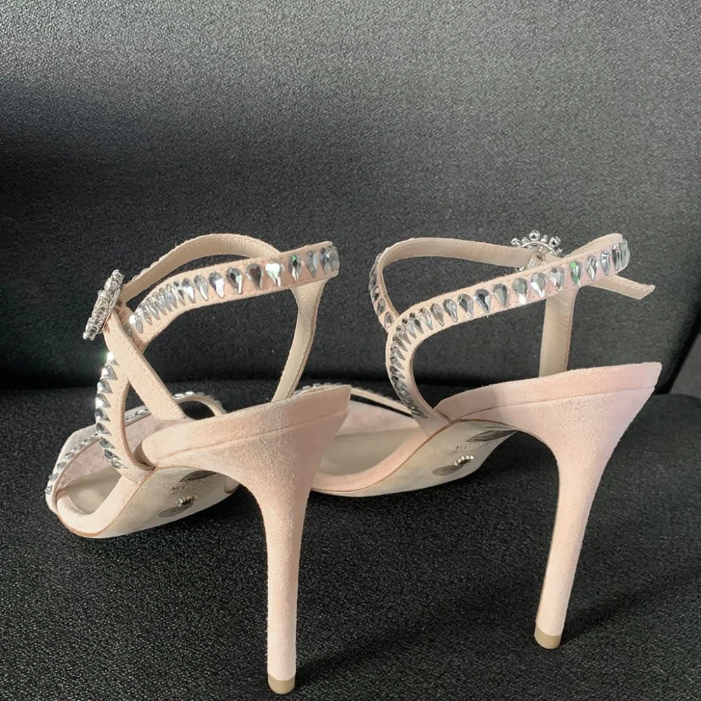 Stuart Weitzman "Gemcut 100" Blush Suede Embellished Sandals Size: 9.5B - $650 - Picture 3 of 13